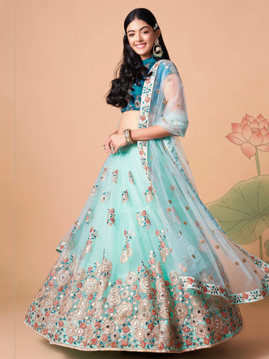 Lovely Electric Blue Sequins Work Net Designer Lehenga Choli